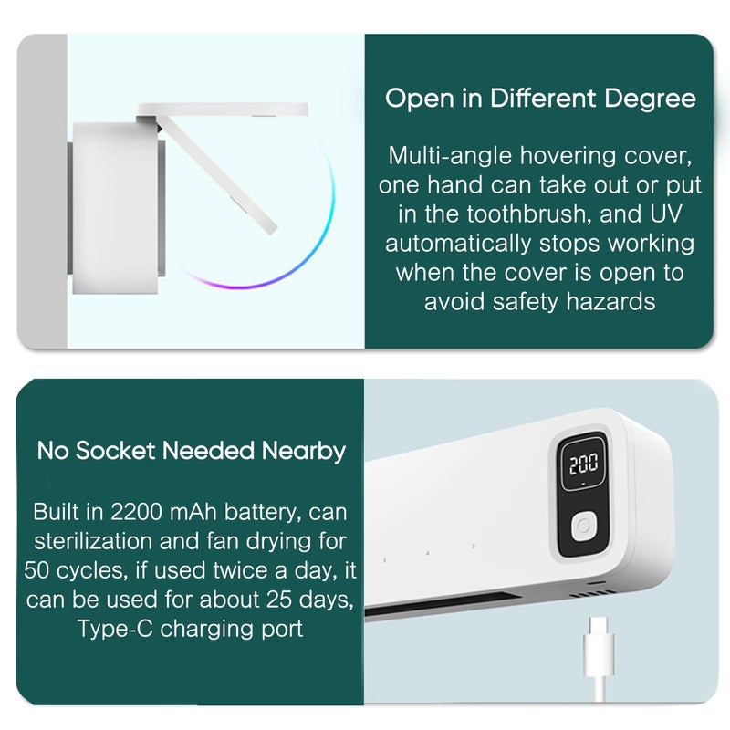 StarWin UV Toothbrush Dryer Holder, Fan Drying and Timer Function, Rechargeable Tooth Brush Holder Wall-Mounted for Bathroom, No Drilling, 5 Slots - Image 5